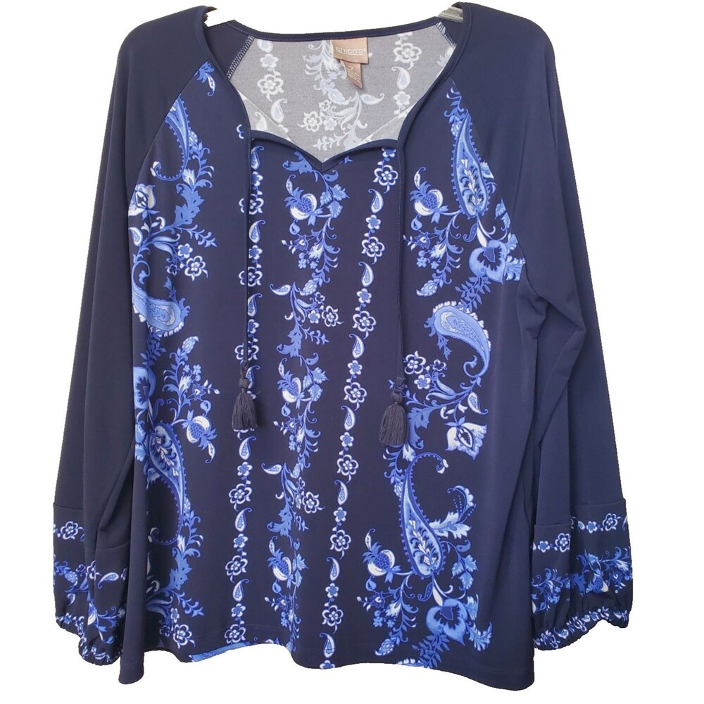 Chico's Blue Paisley Floral Balloon Sleeve Tasseled Tie-Neck Blouse Size 2 Large